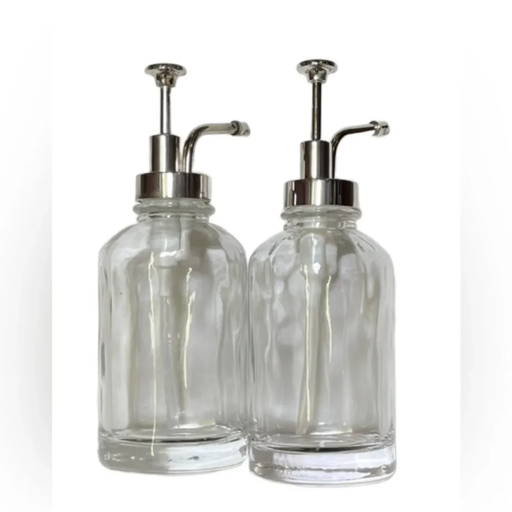 Two Elegant Clear Glass Oilcan Soap & Lotion Dispenser Set w/Chrome Accents